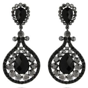 Gun Metal with Black Onyx and Gray Austrian Crystal Chandelier Clip On Earrings
